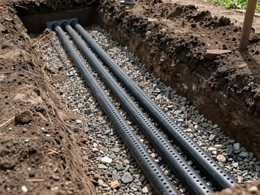 Overhead view of a completed septic system installation trench with perforated drain pipes laid in gravel bed, dark earth walls, natural daylight from above, no people