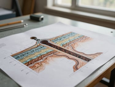 Technical cross-section diagram printed on drafting paper showing geological strata layers with borehole depth annotations, placed on a site work table under natural window light, no people