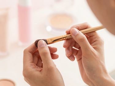 Close-up of a makeup artist applying makeup with a brush on a pristine surface, soft diffused natural daylight, warm gold and soft pink tones.