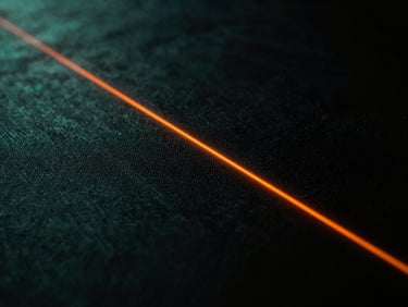 Dramatic close-up of dark acoustic fabric texture under a sharp orange laser line, showing fine woven detail, low-key lighting, 35mm