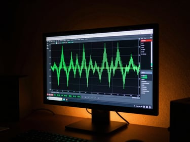 Acoustic measurement software on a high-end screen in a dark studio, green signal line glowing, dramatic backlighting
