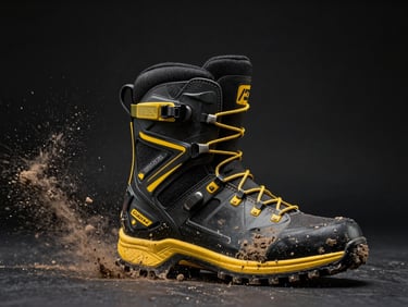 Crisp studio shot of heavy-duty off-road riding boots, mud-splattered sole, high contrast, dark background