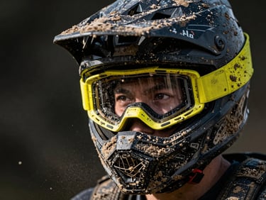 Close-up of a rugged off-road helmet and protective goggles coated in light mud dust, high-contrast dark lighting