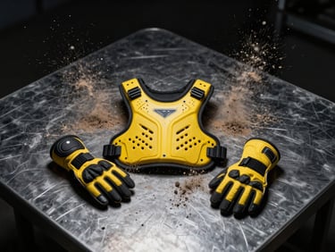 Miniature off-road protective chest protector and gloves on a dark textured steel table, dramatic overhead lighting