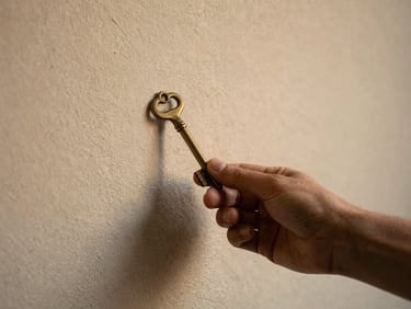 An intimate close-up of a hand holding an old brass key against a textured plaster wall, warm morning mist light, shallow depth of field, rich earthy tones.