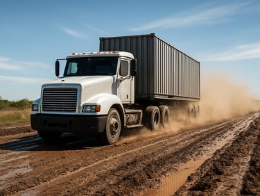 Delta Consulting Group truck driving on a muddy road, kicking up dust, bright daylight, wide shot, crisp documentary photography.