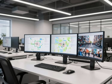 Modern, clean office workstation with multiple monitors displaying project maps, overhead lighting, crisp documentary photography.