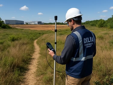 Wide shot of a Delta Consulting Group team member using specialized environmental assessment equipment in a natural area adjacent to a development site, showing varied terrain, bright natural daylight, high contrast industrial tones.