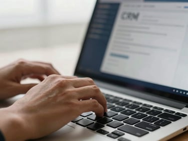 Close-up of hands typing on a laptop, a CRM dashboard visible on screen, soft overcast natural light, deep navy and brass tones, shallow depth of field, 35mm.