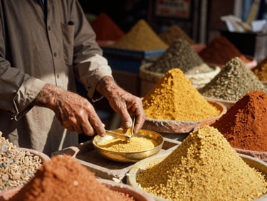 Warm documentary shot of a local spice merchant in a dusty sunlit bazaar, hands measuring yellow mustard seeds on brass scales, warm terracotta tones, 35mm film grain.