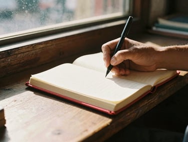 Close-up of hands writing in a red cloth-bound traditional ledger book on a wooden counter, natural sunlight streaming through a shop window, warm earth tones.