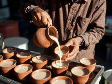 Warm documentary photograph of a local tea stall owner pouring hot milk chai into small clay cups, high-contrast morning sunlight, 35mm grain.