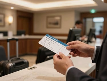Tight shot of a couple's hands holding boarding passes at a hotel check-in counter, warm lobby light overhead, luggage visible in background, documentary framing