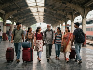 Environmental wide shot of a multi-generational Indian family group at a railway station concourse, luggage stacked, daylight through station skylights, candid mid-journey moment