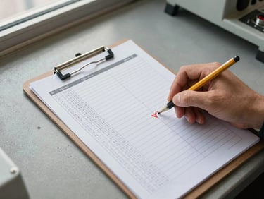 Close overhead view of a shop floor layout checklist pinned to a metal clipboard, a hand holding a pencil marking off an inspection row, production data printed in columns visible beneath, available north-facing factory window light, concrete floor and machinery edge visible at the frame periphery
