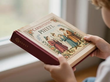 A child's hands holding a beautifully illustrated vintage storybook, soft warm lighting, 35mm