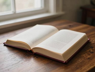 An open leather-bound book on a dark wooden table, warm natural window light, soft vintage atmosphere, 35mm