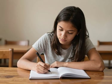 A Colombian student studying with focus at a wooden desk, notebook open, soft warm indoor lighting, authentic and realistic.