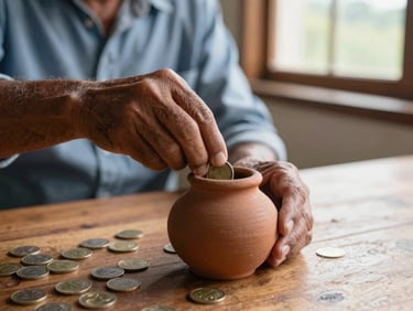 Close-up of a Colombian worker's hands placing coins into a clay alcancía on a wooden table, soft natural window light, warm tones.