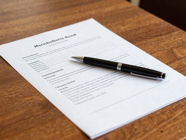 Crisp, professional close-up of cooperative membership documents on a wooden desk, a classic pen resting on top, warm natural daylight filtering in.