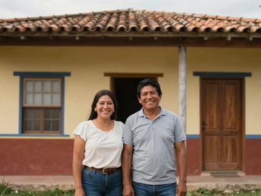 A Colombian couple standing proudly in front of their newly painted home in Cundinamarca, smiling warmly, environmental shot, daylight.