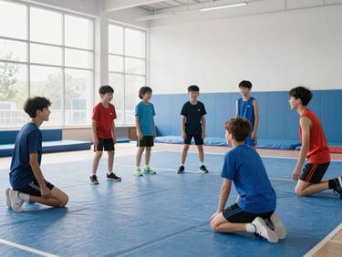 Jeunes athlètes en tenue de sport, riant et se reposant après une séance d'entraînement intense, dans un gymnase moderne et lumineux, capturant l'esprit d'équipe et la joie de l'effort partagé.