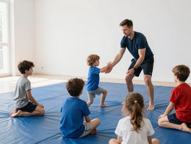Groupe d'enfants souriants participant à un atelier de gymnastique ludique, encadrés par un entraîneur bienveillant, ambiance conviviale et colorée, lumière naturelle et dynamique.