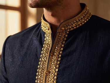 Close-up of a hand-stitched gold brocade sherwani collar, warm golden-hour window light, rich textural depth.