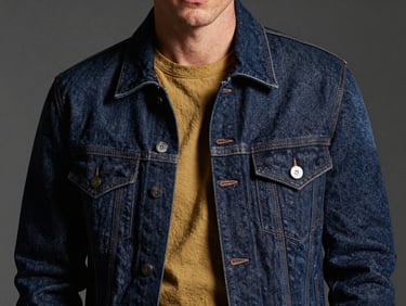 Confident portrait of a man in a premium dark indigo denim jacket and textured cotton t-shirt, soft side shadow.