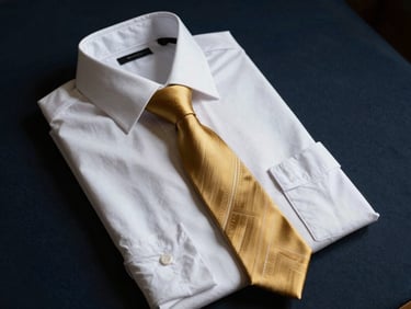 Flat-lay of a crisp white formal shirt, folded neatly with a gold-accented silk tie, dramatic studio lighting highlighting the cotton texture.