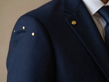 Elegant close-up of a tailored navy blue suit shoulder with gold pin detailing, warm side lighting, premium fabric texture