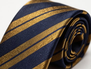Close-up of a rolled navy and gold silk tie, highlighting the textural depth of the weave