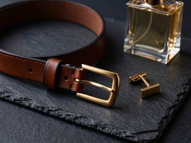 Elegant arrangement of a brown leather belt, gold cufflinks, and a luxury glass perfume bottle on a dark slate surface, moody lighting.
