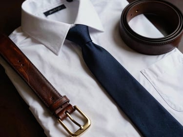 Elegant flat-lay of a crisp white formal shirt, dark navy silk tie, and a polished leather belt, moody studio lighting.