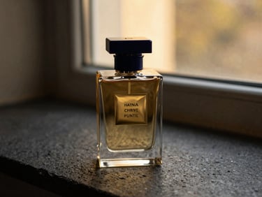 A luxury perfume bottle on a dark stone surface, warm golden-hour window light