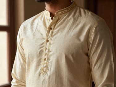 Elegant close-up of a textured cream silk kurta with subtle gold embroidery, warm window light, rich fabric weave.