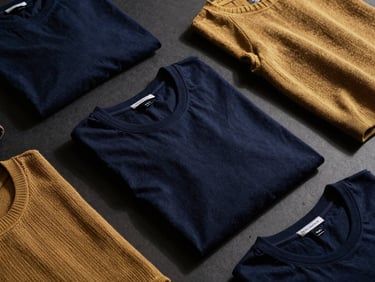 Elegant flat-lay of folded cotton t-shirts and premium knitwear, moody studio lighting with dramatic side-shadows