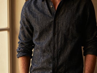 High-fashion editorial crop of a man in a relaxed linen shirt and premium dark denim, warm golden-hour window light highlighting fabric textures, medium format film