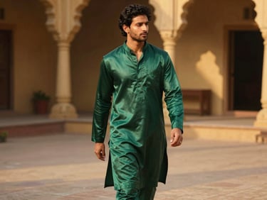 Medium shot of a man in a rich emerald green silk kurta pajama, walking through a warm golden-hour courtyard