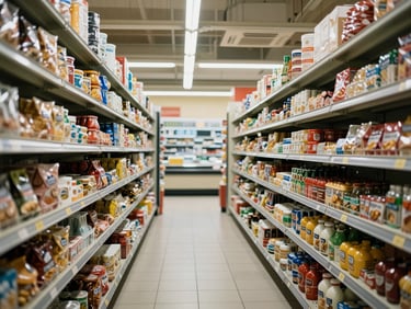 Wide shot of a small supermarket aisle interior, shelves stocked with packaged goods, fluorescent lighting overhead, empty checkout counter visible at the end of the aisle