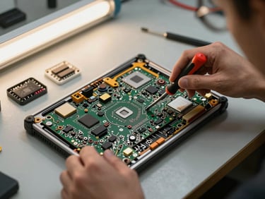 Close-up overhead view of a disassembled notebook on a clean workbench, a technician's hands holding a precision screwdriver near the motherboard, small components organized in trays beside it, warm fluorescent workshop lighting, no people's faces visible
