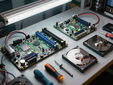 Close-up overhead of computer components laid out on a workbench — motherboard, cables, hard drive, screwdrivers — under bright fluorescent workshop light, neatly organized