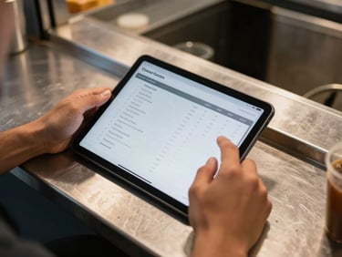 Overhead view of a food truck service counter, a tablet showing an order management screen with items and status columns, warm ambient lighting, hands visible adjusting the device