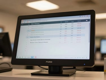 Close-up of a bakery POS screen showing product listings and sales totals, counter surface visible below, warm overhead lighting, no people in frame