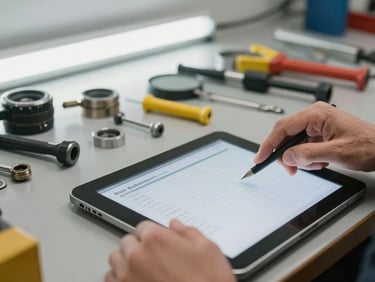 Close-up of a mechanic's hands using a tablet at a workshop bench, tools organized in the background, bright fluorescent workshop lighting, service order visible on screen