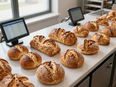 Overhead shot of a bakery production counter, bread and pastries arranged neatly, a tablet screen showing inventory numbers, natural window light from the side