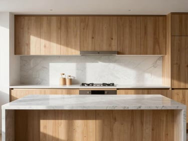 Straight-on architectural shot of a bright, minimalist sunlit kitchen with immaculate marble countertops and polished wood cabinets, high-key natural daylight, cool neutral tones, sharp focus, 35mm