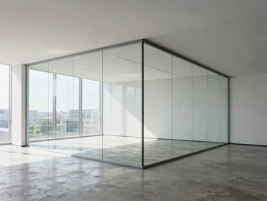 Minimalist modern office space with immaculate glass walls, clean lines, and highly polished concrete floors under natural light, 35mm
