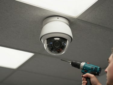 Overhead shot of a CCTV dome camera being mounted on a concrete ceiling in a warehouse environment, technician's hands and drill visible, industrial daylight from skylights above