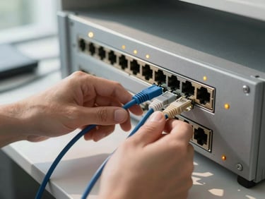 Close-up of hands connecting a network patch cable into a rack-mounted switch in a small office environment, natural daylight from an adjacent window casting soft shadows, steel-gray equipment surfaces with amber LED indicator lights visible